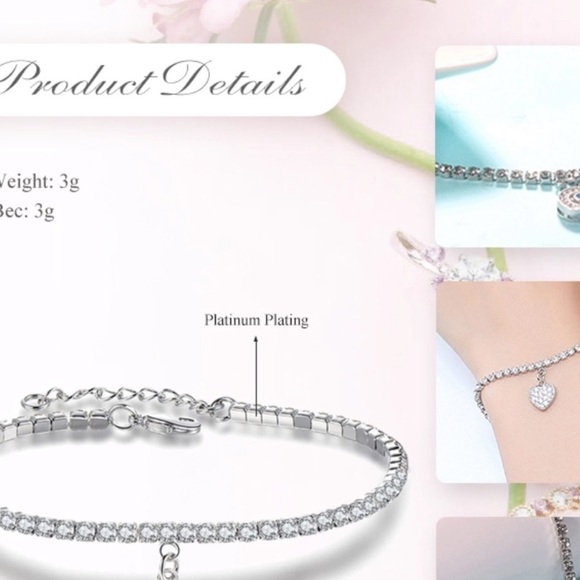 CZ tennis bracelet with heart charm - Picture 3 of 7